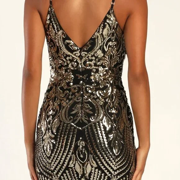 Lulus Truly Alluring Black And Gold Sequin Mermaid Maxi Dress - Size M - Picture 4 of 6